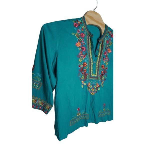 Teal Blue Embroidered Floral Long Sleeve Tunic Flowy Blouse - See Measurements - Picture 4 of 4